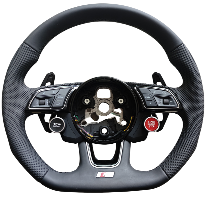 Maßgefertigtes Echtleder-Sport Lenkrad mit silbernen Schalt Paddles und R8-Style Bedienmodulen für Audi